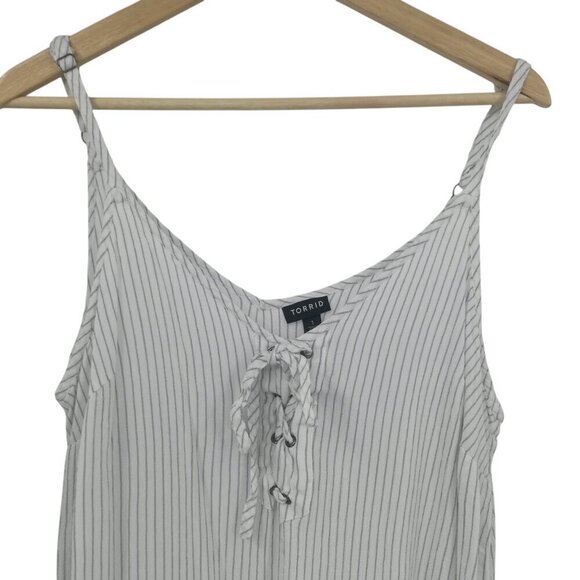 Torrid Striped Faux Lace Up Front Tank Top Size 1X Plus White Blue Spaghetti - Picture 4 of 10